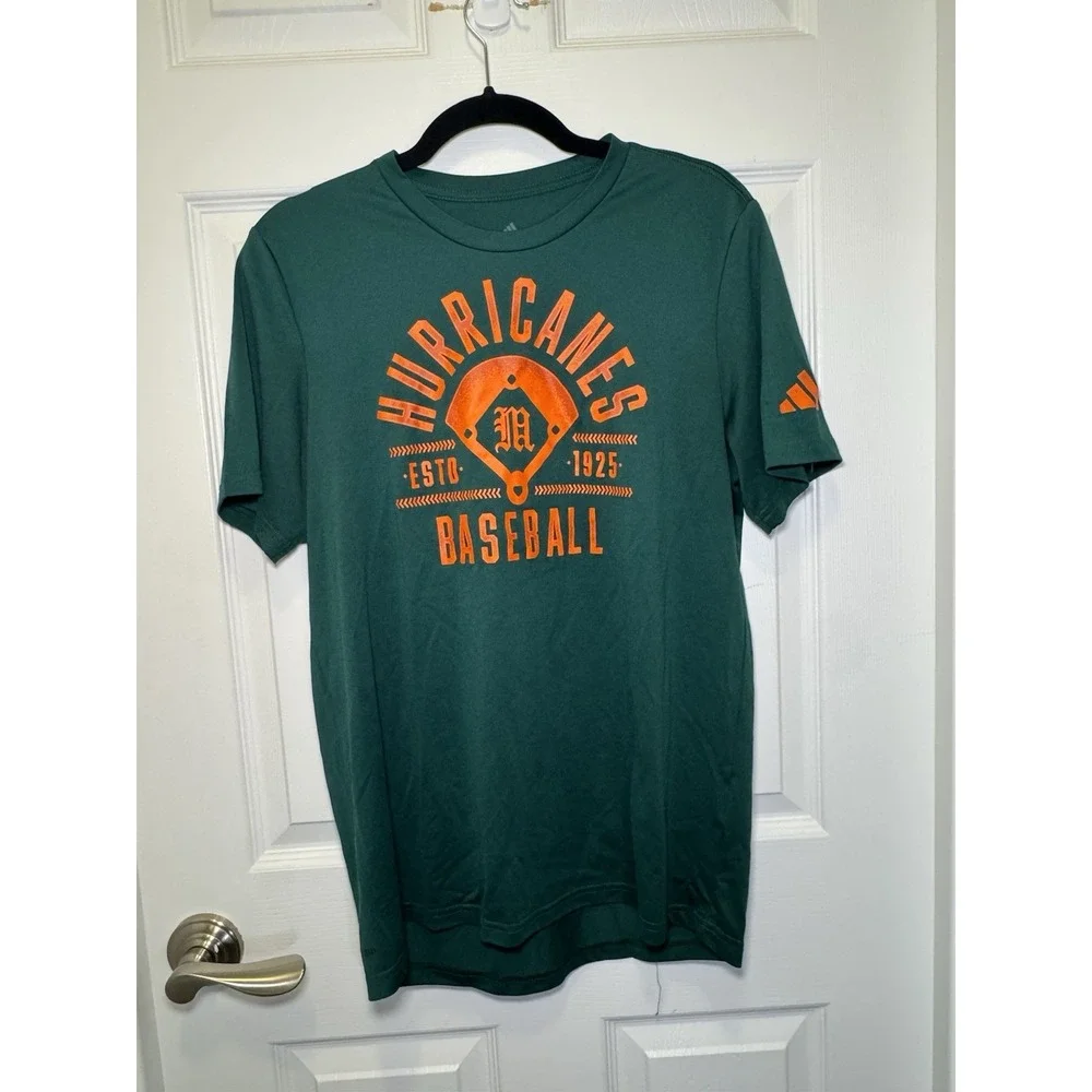 Adidas Miami Hurricanes Baseball Shirt Mens M Green Orange Graphic Tee NCAA